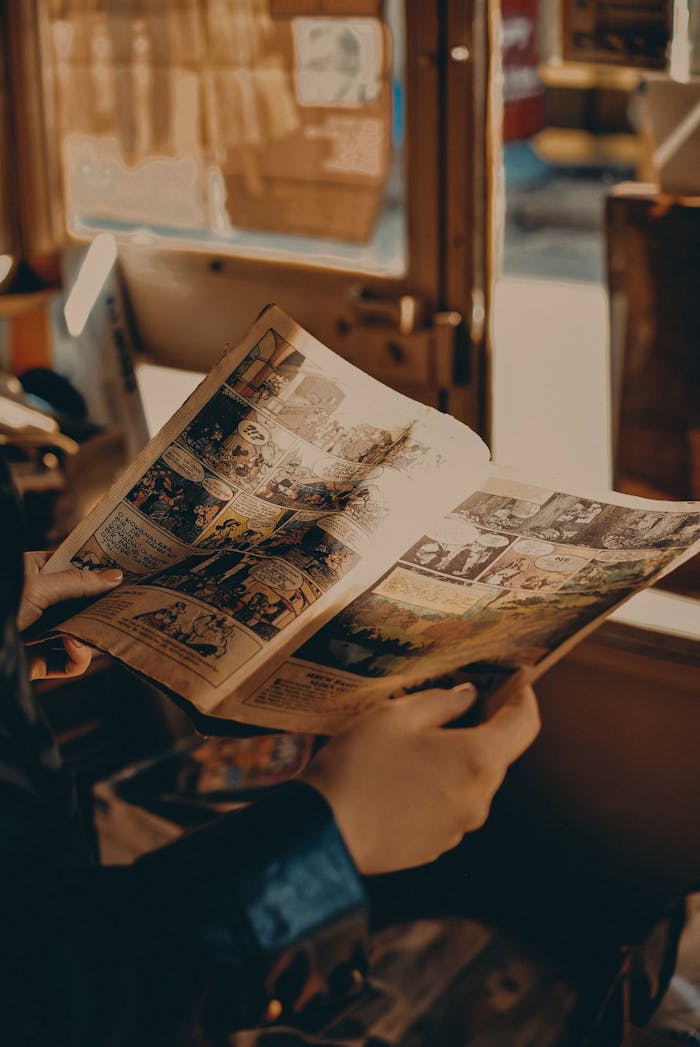 A person reading a vintage comic book by a window, evoking nostalgia and warmth.